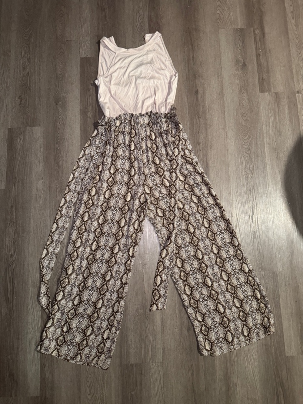 New York & Company White Tank Top with Brown Snake-Print Wide Leg Jumpsuit